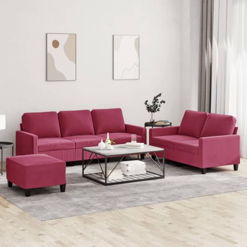 3-TLG. Sofagarnitur, Weinrot Samt, Robustes Metallgestell, 2-Sitzer, 3-Sitzer & Fußhocker, dick gepolstert, Bequeme Couch für Wohnzimmer, Lounges, modernes Design von YuuSsea