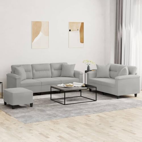 3-TLG. Sofagarnitur Hellgrau, Mikrofasergewebe, Robustes Metall- & Sperrholzgestell, Bequemes Sitzerlebnis für Wohnzimmer, inkl. Kissen & Hocker, Pflegeleicht 3-TLG. Sofagarnitur Hellgrau, Mikrofasergewebe, Robustes Metall- & Sperrholzgestell, Bequemes Sitzerlebnis für Wohnzimmer, inkl. Kissen & Hocker, Pflegeleicht von YuuSsea