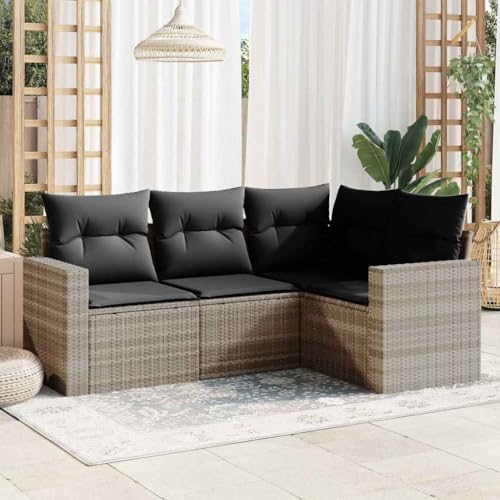 4-TLG. Garten-Sofagarnitur, Hellgrau Poly Rattan Lounge Set, Bequeme Outdoor Sitzgruppe mit Kissen, Stauraum, für Terrasse & Garten von YuuSsea