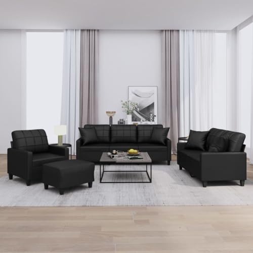 4-TLG. Sofagarnitur, Schwarz Kunstleder, Robustes Sperrholz Metallgestell, Bequeme Polsterung, Wohnzimmer Lounge Möbel Set, Inklusive Sessel, 2er & 3er Sofa, Fußhocker, Kissen 4-TLG. Sofagarnitur, Schwarz Kunstleder, Robustes Sperrholz Metallgestell, Bequeme Polsterung, Wohnzimmer Lounge Möbel Set, Inklusive Sessel, 2er & 3er Sofa, Fußhocker, Kissen von YuuSsea