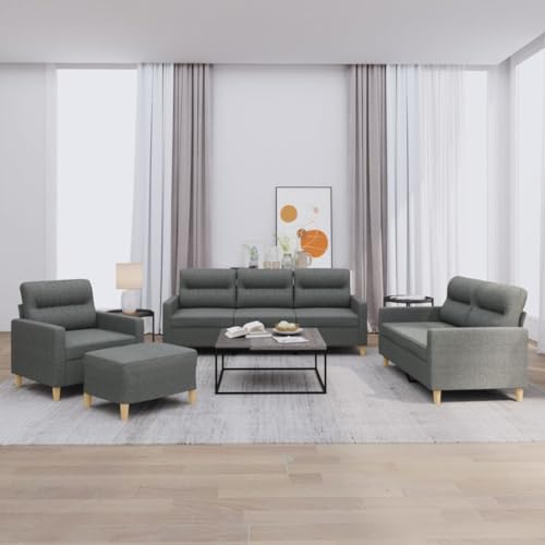 4-TLG. Sofagarnitur mit Kissen, Dunkelgrauer Stoff, Robuster Rahmen, Bequemes Sitzerlebnis für Wohnzimmer, Lounge, Modernes Design, Inklusive Sessel und Fußhocker von YuuSsea