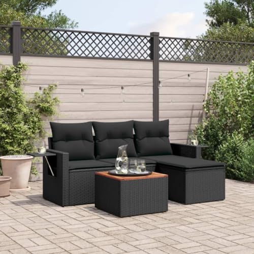 5-TLG. Garten-Sofagarnitur, Schwarz Poly Rattan, modulare Outdoor-Sitzgruppe mit Kissen, stabilem Tisch, ideal für Terrasse, Balkon von YuuSsea