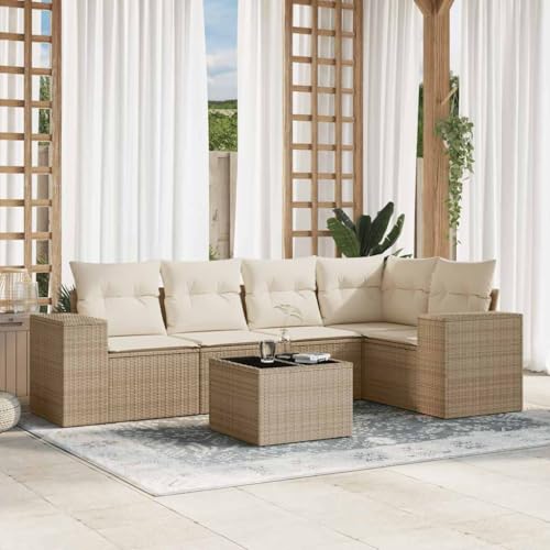6-TLG. Garten-Sofagarnitur, Beige Poly Rattan, Modulares Outdoor Möbel Set mit Kissen & Glastisch, UV-beständig für Terrasse 6-TLG. Garten-Sofagarnitur, Beige Poly Rattan, Modulares Outdoor Möbel Set mit Kissen & Glastisch, UV-beständig für Terrasse von YuuSsea