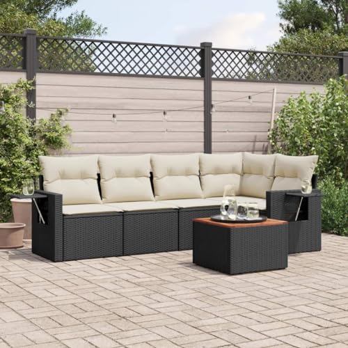 6-TLG. Garten-Sofagarnitur, Schwarz Poly Rattan Loungemöbel Set, Modulares Outdoor Sofa mit Kissen & Akazienholz-Tisch für Terrasse, Balkon 6-TLG. Garten-Sofagarnitur, Schwarz Poly Rattan Loungemöbel Set, Modulares Outdoor Sofa mit Kissen & Akazienholz-Tisch für Terrasse, Balkon von YuuSsea