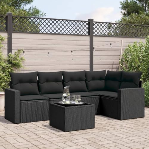 6-TLG. Garten-Sofagarnitur, Schwarz Poly Rattan Möbel Set, Outdoor Lounge mit Kissen, Gartentisch, für Patio & Balkon von YuuSsea