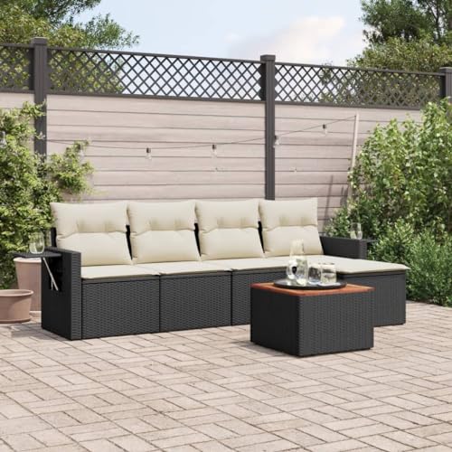 6-TLG. Gartenmöbel-Set, wetterfestes Poly Rattan Lounge-Sofa mit Kissen, verstellbaren Füßen und Akazienholz-Tischplatte für Außenbereiche 6-TLG. Gartenmöbel-Set, wetterfestes Poly Rattan Lounge-Sofa mit Kissen, verstellbaren Füßen und Akazienholz-Tischplatte für Außenbereiche von YuuSsea