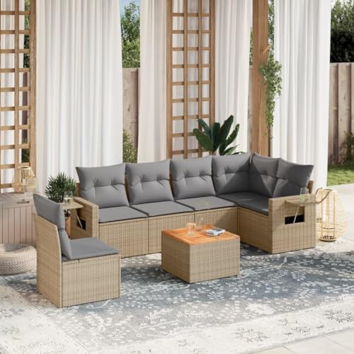 7-TLG. Garten-Sofagarnitur, Beige Poly Rattan Lounge Set, Modulares Outdoor Möbel-Set, Terrassenmöbel mit Kissen, Gartentisch von YuuSsea