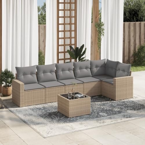 7-TLG. Garten-Sofagarnitur, Beige Poly Rattan Loungemöbel Set für Terrasse, Outdoor, Balkon, mit Stauraum, Kissen, Hartglas-Tischplatte von YuuSsea