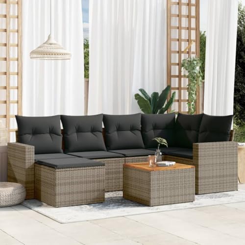 7-TLG. Garten-Sofagarnitur, Grau Poly Rattan Loungemöbel mit Kissen, UV-beständig, Modulares Outdoor-Möbelset für Terrasse und Balkon von YuuSsea