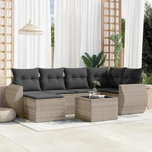 7-TLG. Garten-Sofagarnitur, Hellgrau Poly Rattan Loungemöbel Set für Terrasse, Balkon, Außenbereich, Bequeme Sitzgruppe mit Kissen, Gartentisch 7-TLG. Garten-Sofagarnitur, Hellgrau Poly Rattan Loungemöbel Set für Terrasse, Balkon, Außenbereich, Bequeme Sitzgruppe mit Kissen, Gartentisch von YuuSsea