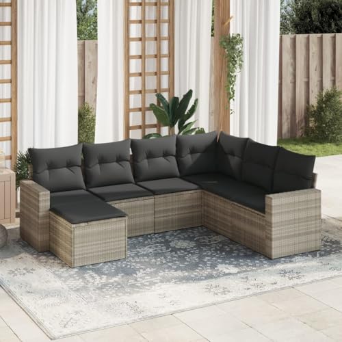 7-TLG. Garten-Sofagarnitur, Hellgrau Poly Rattan mit Kissen, Modulares Outdoor Möbel Set für Terrasse, Balkon, Lounge von YuuSsea