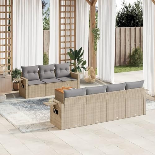 8-TLG. Garten-Sofagarnitur, Beige Poly Rattan Outdoor Möbel Set, Loungemöbel mit Kissen, Gartentisch, für Terrasse, Balkon, Patio von YuuSsea