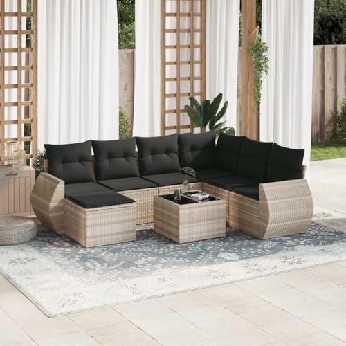 8-TLG. Garten-Sofagarnitur, Hellgrau Poly Rattan, modulare Outdoor Möbel mit Kissen, Gartentisch Glasplatte für Terrasse von YuuSsea