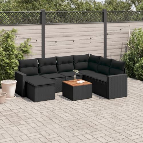 8-TLG. Garten-Sofagarnitur Schwarz, Modulares Lounge-Set aus Poly Rattan mit Kissen, Akazienholz-Tischplatte für Terrasse, Balkon von YuuSsea