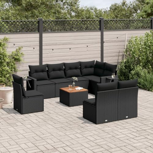 9-TLG. Garten-Sofagarnitur, Schwarz Poly Rattan Möbel Set, UV-beständig mit Kissen, Gartentisch & klappbaren Ablagen für Terrasse von YuuSsea