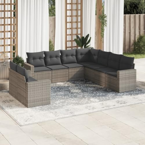 9-TLG. Gartenmöbel-Set mit Kissen, Grau Poly Rattan, UV-beständig, modulare Outdoor-Sitzgruppe für Terrasse & Balkon von YuuSsea