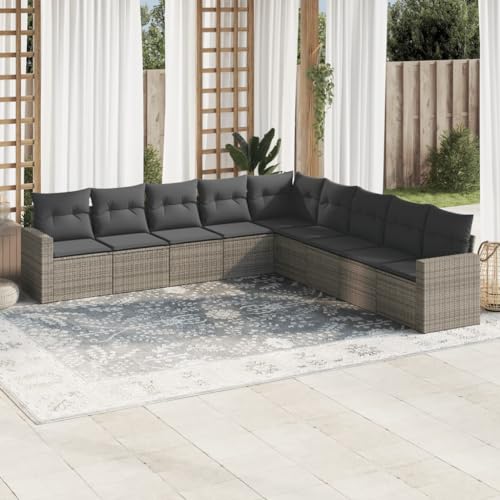 9-teilige Garten Sofagarnitur, Grau Poly Rattan Loungemöbel Set für Terrasse, Outdoor Möbel mit Kissen, Wasserdichtem Stauraum und Verstellbaren Füßen 9-teilige Garten Sofagarnitur, Grau Poly Rattan Loungemöbel Set für Terrasse, Outdoor Möbel mit Kissen, Wasserdichtem Stauraum und Verstellbaren Füßen von YuuSsea