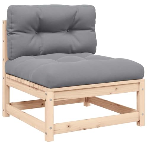 Garten-Mittelsofa aus massivem Kiefernholz, modular, mit grauen Kissen, für Terrasse und Outdoor-Lounge-Sets von YuuSsea