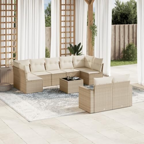 Geräumiges 10-teiliges Poly Rattan Gartenmöbel Set, beige Outdoor Sofagarnitur mit Kissen, Glas-Tisch & Stühlen, ideal als Terrassen-Stück für den Außenbereich. von YuuSsea