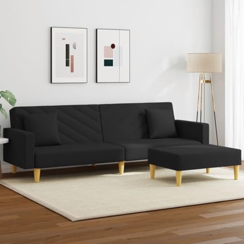 Schlafsofa 2-Sitzer, Schwarz Stoff, mit Kissen und Fußhocker, verstellbare Rückenlehne, Robustes Holzgestell, für Wohnzimmer und Gästezimmer, 220x84,5x69 cm Schlafsofa 2-Sitzer, Schwarz Stoff, mit Kissen und Fußhocker, verstellbare Rückenlehne, Robustes Holzgestell, für Wohnzimmer und Gästezimmer, 220x84,5x69 cm von YuuSsea