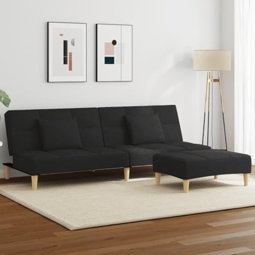 Schlafsofa 2-Sitzer mit Fußhocker, Schwarz, Stoffbezug, Robustes Holzgestell, wandelbares Gästebett für Wohnzimmer, kleine Räume, 2 Kissen inklusive Schlafsofa 2-Sitzer mit Fußhocker, Schwarz, Stoffbezug, Robustes Holzgestell, wandelbares Gästebett für Wohnzimmer, kleine Räume, 2 Kissen inklusive von YuuSsea