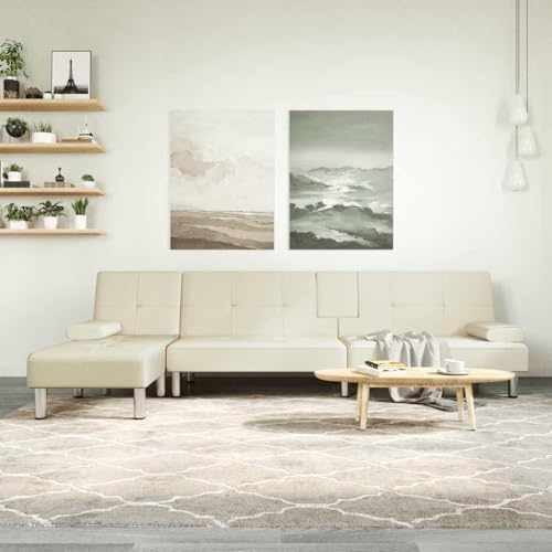 Schlafsofa L-Form, Creme Kunstleder, 255x140x70 cm, Multifunktional, mit USB-Anschluss und Teetisch, Robustes Design für Wohnzimmer, Gästebett von YuuSsea