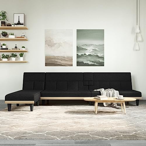 Schlafsofa L-Form Schwarz, 255x140x70 cm, Stoffbezug, Multifunktionales Gästebett mit USB-Anschluss, Robustes Design für Wohnzimmer, Klappbarer Teetisch von YuuSsea