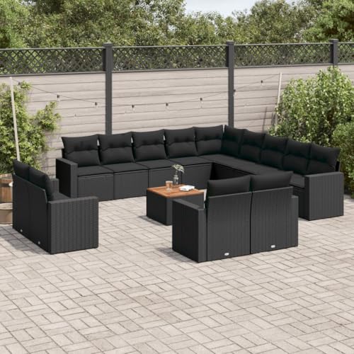 YuuSsea 14-TLG. Garten-Lounge-Set, Schwarz, UV-beständiges Poly Rattan, modulare Outdoor-Sitzgruppe mit Akazienholz-Tisch, Bequeme Polster für Terrasse & Balkon von YuuSsea