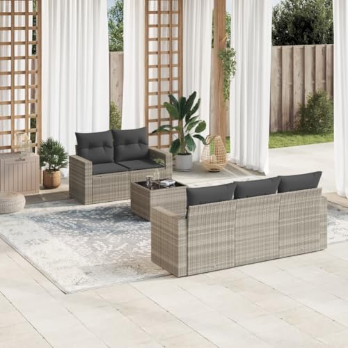 YuuSsea 6-TLG. Garten-Sofagarnitur, Hellgrau Poly Rattan Loungeset, Outdoor Möbel mit Stauraum, UV-beständig, Glas-Tisch, Modulares Design für Terrasse, Balkon von YuuSsea