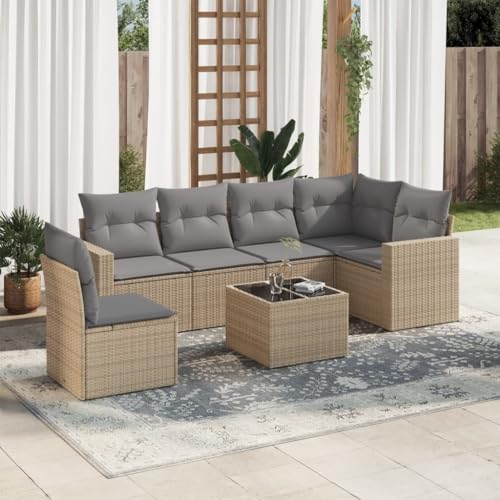 YuuSsea 7-TLG. Garten-Sofagarnitur, Beige Poly Rattan Loungemöbel Set für Terrasse, Outdoor-Sofa mit Stauraum, Glas-Tisch, UV-beständig, Modulares Design von YuuSsea