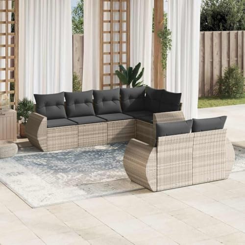 YuuSsea 7-TLG. Garten-Sofagarnitur, Hellgrau Poly Rattan Lounge Set mit Kissen für Terrasse, Balkon, Außenbereich, UV-beständig von YuuSsea