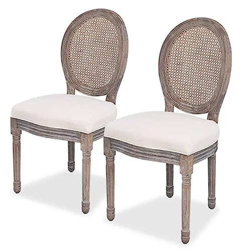 YuuSsea Esszimmerstühle 2er Set, Creme Stoffbezug, Rattan-Rückenlehne, Massivholzbeine für Küche, Wohnzimmer, Essbereich von YuuSsea