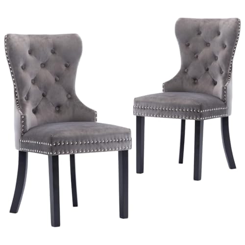 YuuSsea Esszimmerstuhl-Set, 2 Stühle, Grau, Samtbezug, Holzakzente, Küchenstuhl für Esszimmer, Modernes Design, Hohe Rückenlehne, Bequemer Sitz von YuuSsea