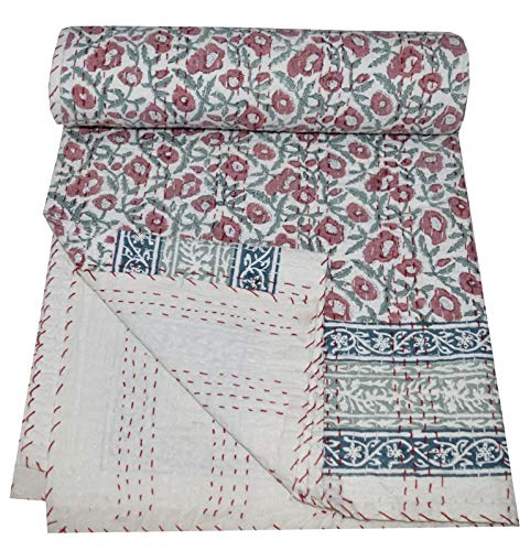 Yuvancrafts Kantha-Steppdecke, indisches Handblock-Blumenmuster, handgefertigt, Vintage-Stil, Queen-Size, Baumwolle von Yuvancrafts