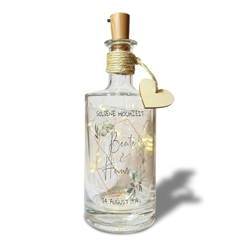 Yuweli Hochzeitsgeschenke Flaschenlicht Geschenk Goldene Hochzeit personalisiert mit Namen und Datum des Brautpaares Geschenkidee LED Hochzeitsgeschenk Dekoflasche von Yuweli