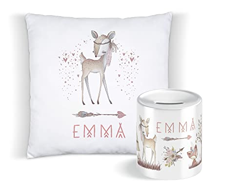 Yuweli® Kinder Spardose mit Kissen im Set Tiere personalisiert mit Name für Mädchen oder Junge als Geschenk zum Geburtstag oder Taufe von Yuweli