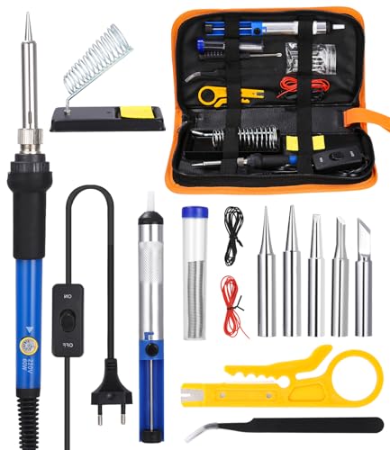 Lötkolben Set 60W Lötset LCD Einstellbar Temperatur 200-4500°C Lötkolben mit Ein/Aus Schalter, 50g Lötdraht, 5 Lötspitzen, Entlötpumpe, Lötkolbenständer, Pinzette,Lötset für Hausgebrauch von Yuxava