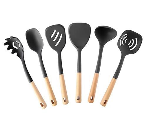 Set mit 6 Küchenutensilien aus schwarzem Silikon mit Holzgriffen - hitzebeständig, BPA-frei und mit Organizer-Behälter (grau, 6 Stück) von YverLand