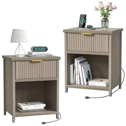 Yvsevnr Nachttisch 2er Set mit Schubladen und offener Fach Kleiner Nachtschrank Schlichter Beistelltisch Holz Nachtkommode Beistelltisch für Schlafzimmer, Wohnzimmer, Büro, Grau 50 x 38 x 63 cm von Yvsevnr