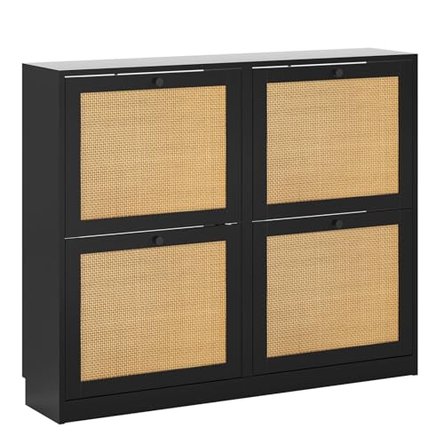 Yvsevnr Rattan Schuhschrank mit 4 Klappen, Schuhkipper Schuhkommode mit Einstellbar Ablageflächen Schuhregal Schuhkommode für Flur, Eingang, Diele Schwarz 102 x 23 x 84 cm von Yvsevnr