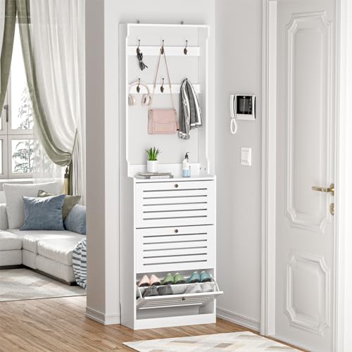 Yvsevnr Schuhschrank mit 3 Klappen und Garderobenständer, Schuhschrank Schmal, Schuhkipper Weiss für 14-18 Paar Schuhe für Schlüssel, Handtaschen, Regenschirm, Eingang, Flur 24 x 60 x 200 cm Yvsevnr Schuhschrank mit 3 Klappen und Garderobenständer, Schuhschrank Schmal, Schuhkipper Weiss für 14-18 Paar Schuhe für Schlüssel, Handtaschen, Regenschirm, Eingang, Flur 24 x 60 x 200 cm von Yvsevnr
