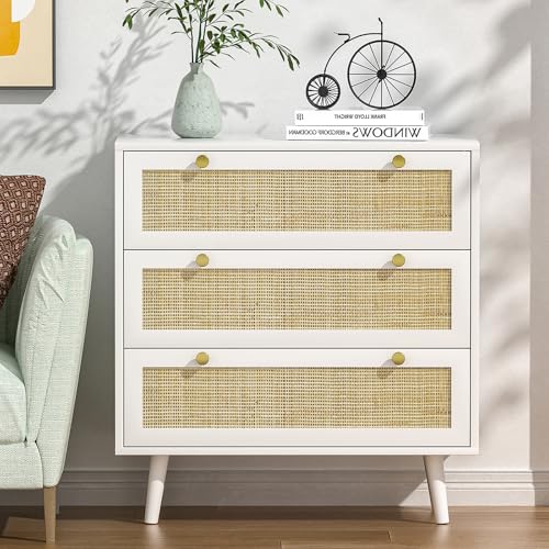 Yvsevnr Weiße Rattan-Kommode mit 3 Schubladen, Holzkommode, Schlafzimmer-Kleiderschubladen mit stabilen Griffen und Beinen, Boho-Rattan-Schrankkommode für Schlafzimmer, Wohnzimmer, Flur Yvsevnr Weiße Rattan-Kommode mit 3 Schubladen, Holzkommode, Schlafzimmer-Kleiderschubladen mit stabilen Griffen und Beinen, Boho-Rattan-Schrankkommode für Schlafzimmer, Wohnzimmer, Flur von Yvsevnr