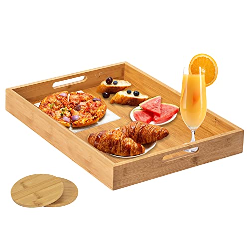 Yvttve Bambus Tablett Serviertablett Groß Holz Tablett mit Griffen, Küchentablett Rechteckig für Frühstück (40 x 28 cm), Gratis 2 Untersetzer von Yvttve