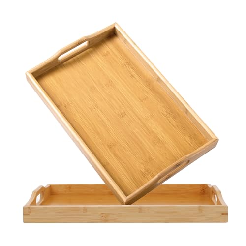 Yvttve Bambus Tablett Serviertablett 2er Set, Groß und Klein Holz Tablett mit Griffen, Rechteckig Küchentablett (42 × 32 cm, 38 × 25 cm) von Yvttve