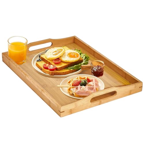 Yvttve Bambus Tablett Serviertablett mit Griffen, Rechteckig Holz Tablett Groß Küchentablett für Frühstück, Tee, Couchtisch, Küchen Deko (42 × 32 cm) von Yvttve