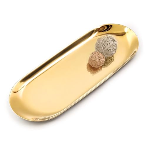 Yvttve Kleines Deko Tablett Gold 30 x 12 cm, Goldene Tablett Ablageschale Dekoteller Dekotablett Serviertablett Oval Schmuckschale Kerzentablett (Gold, 30cm 1Stk) von Yvttve