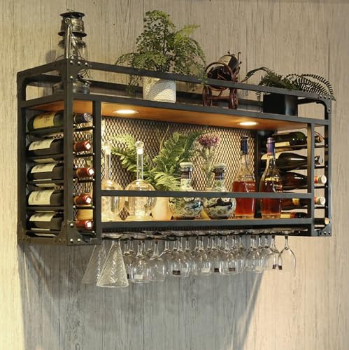 Ywanwj Industriell Wandmontierte Weinregal - Weinregal Metall Wand Wandmontierter Küchenbar Holz Metall Hängendes Regal Becherhalter Weinschrank für Home Bar Dining Room Kitchenkitchen von Ywanwj