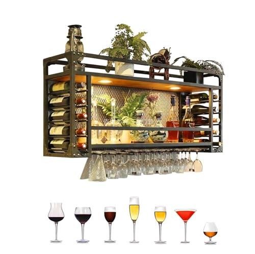 Ywanwj Industriell Wandmontierte Weinregal - Weinregal Metall Wand Wandmontierter Küchenbar Holz Metall Hängendes Regal Becherhalter Weinschrank für Home Bar Dining Room Kitchenkitchen von Ywanwj