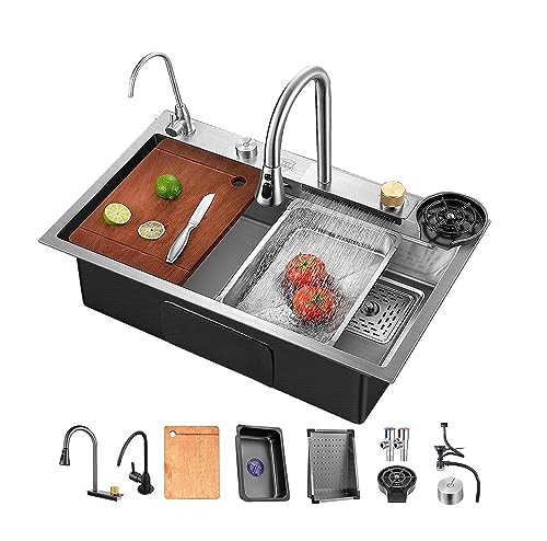 Ywanwj Waterfall Basin Kitchen Sink, Single Bowl Workstation Spüle 304 Edelstahl 13-teiliges Set, Mit Pull-Out Wasserhahn, Cup Washet Single Bowl Küchenspüle, Haushaltsspüle Set wasserfall spüle von Ywanwj