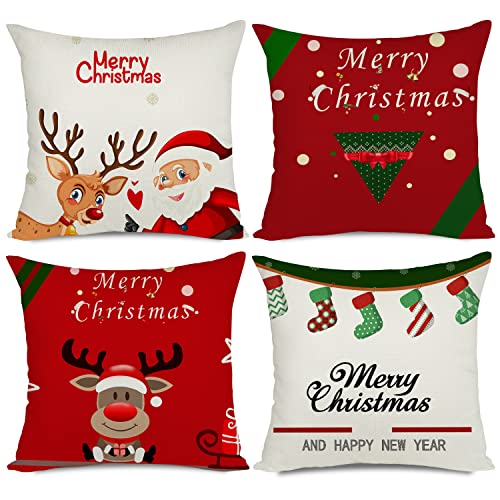 Ywlake 4er-Set Weihnachtskissenbezüge, 55 x 55 cm, Merry Christmas Serie Cartoons Muster Baumwolle Leinen dekorative Wurfkissenbezüge Kissenbezüge Kissen für Sofa Ywlake 4er-Set Weihnachtskissenbezüge, 55 x 55 cm, Merry Christmas Serie Cartoons Muster Baumwolle Leinen dekorative Wurfkissenbezüge Kissenbezüge Kissen für Sofa von Ywlake